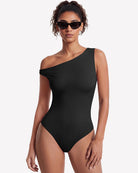 Black off-shoulder bodysuit with asymmetric one-shoulder neckline