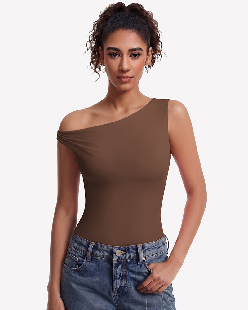 Brown off-shoulder asymmetric bodysuit, double-lined leotard top with one-shoulder neckline.
