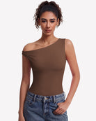 Double-lined off-shoulder bodysuit top, brown asymmetric neckline