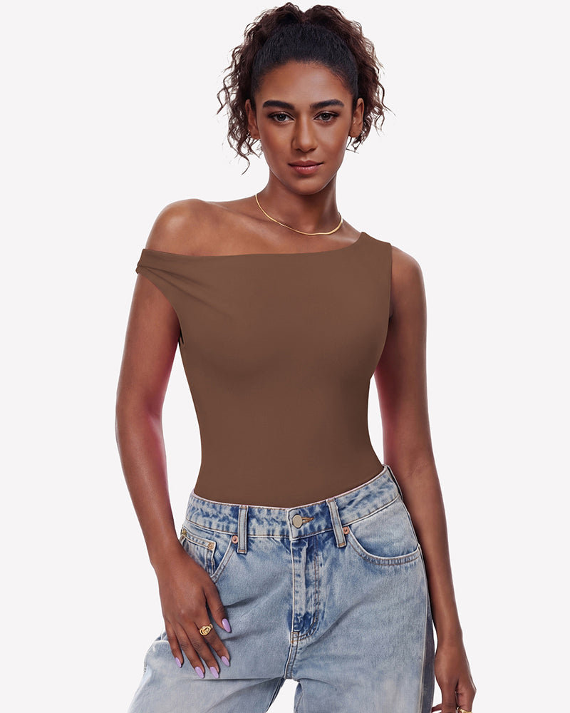 Brown off-shoulder asymmetric bodysuit leotard top, double-lined, smooth fitted silhouette.