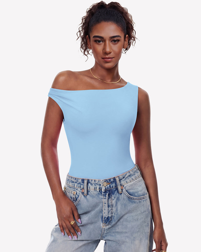 Light blue off-shoulder asymmetric bodysuit leotard top, double-lined, clean fitted cut.