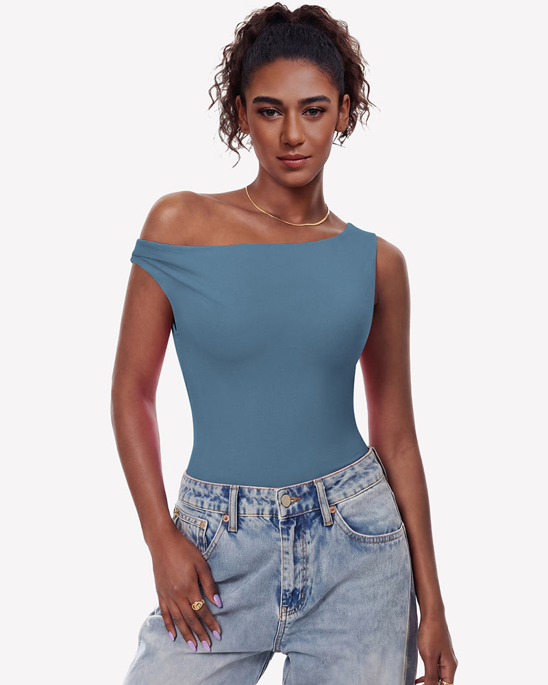 Light blue off-shoulder asymmetric bodysuit, double-lined leotard top with angled neckline.