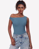 Double-lined off-shoulder bodysuit top, blue asymmetric one-shoulder neckline