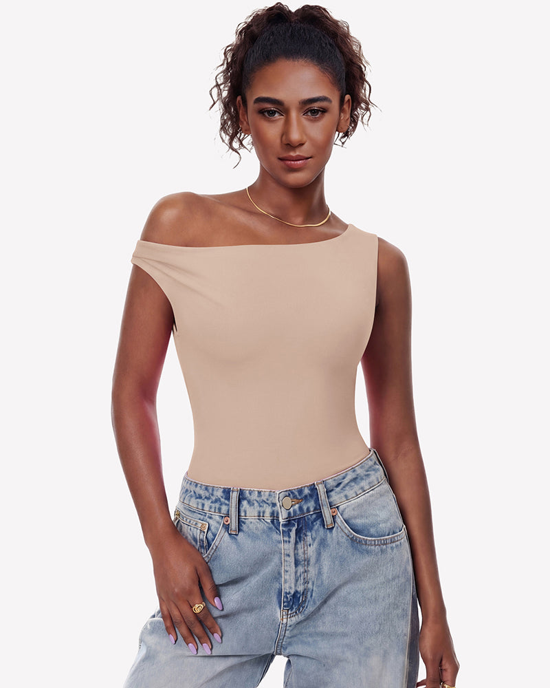 Beige off-shoulder asymmetric bodysuit leotard top, double-lined, snug stretch fit.