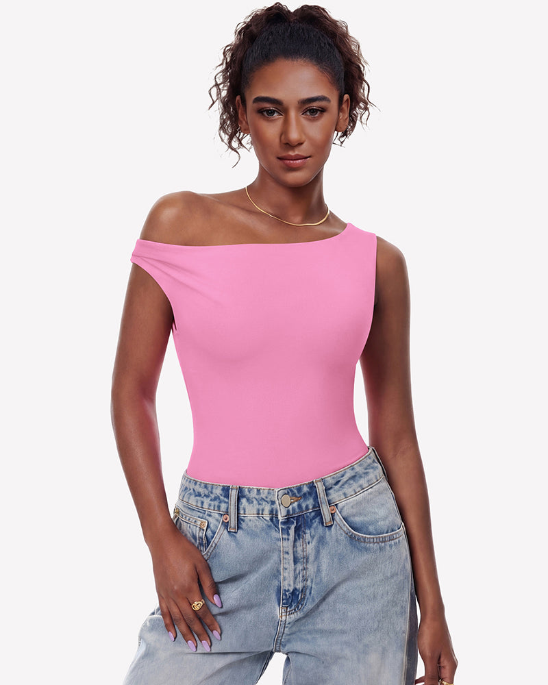 Hot pink off-shoulder asymmetric bodysuit leotard top, double-lined, fitted angled neckline.