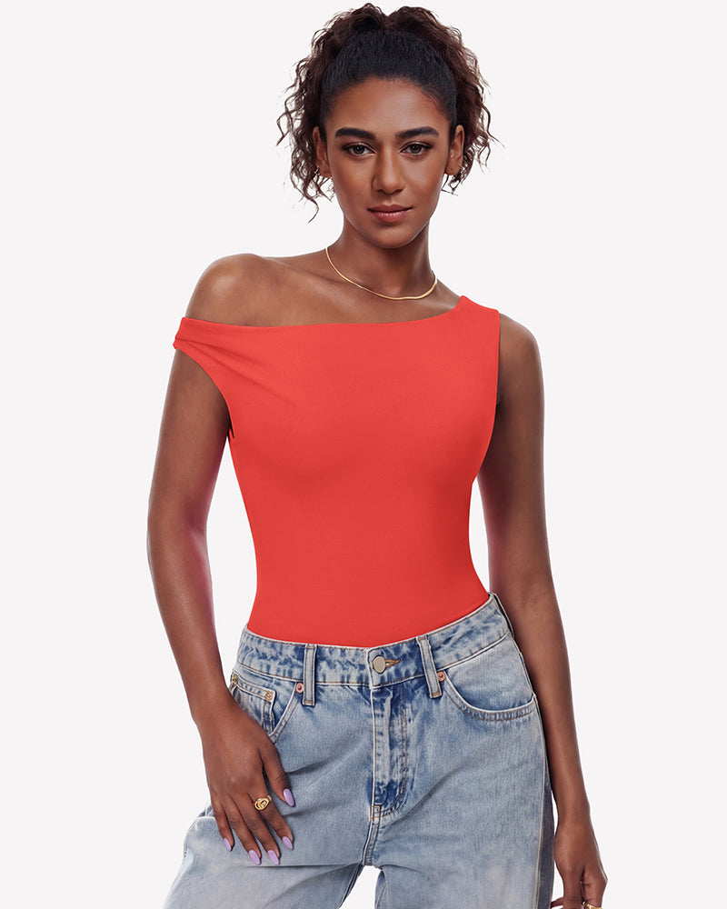 Red off-shoulder asymmetric bodysuit leotard top, double-lined, sleek fitted silhouette.