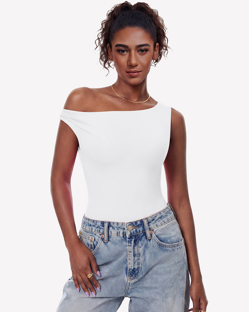 White off-shoulder asymmetric bodysuit leotard top, double-lined, smooth fitted neckline.