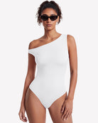 White off-shoulder bodysuit with asymmetric one-shoulder neckline