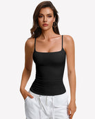 Black padded cami tank with built-in bra and thin spaghetti straps
