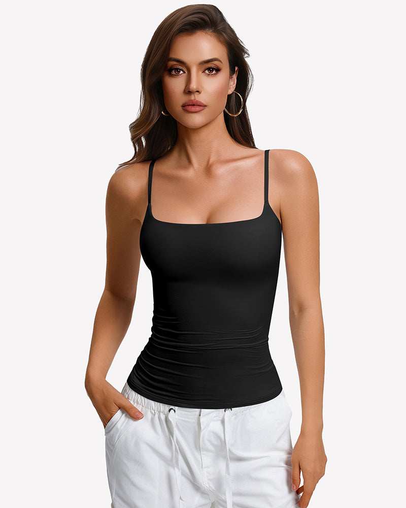 Black padded cami tank with built-in bra and thin spaghetti straps