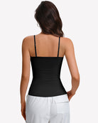 Black padded cami tank with built-in bra, back view and adjustable straps