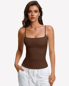 Brown padded cami tank with built-in bra and thin spaghetti straps