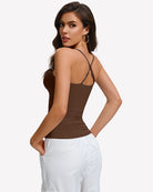 Brown padded cami tank top back view with built-in bra and crisscross straps