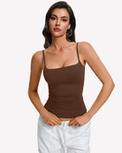 Brown padded cami tank top with built-in bra, square neckline and thin straps