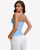 Light blue padded cami tank with built-in bra, open-back thin straps