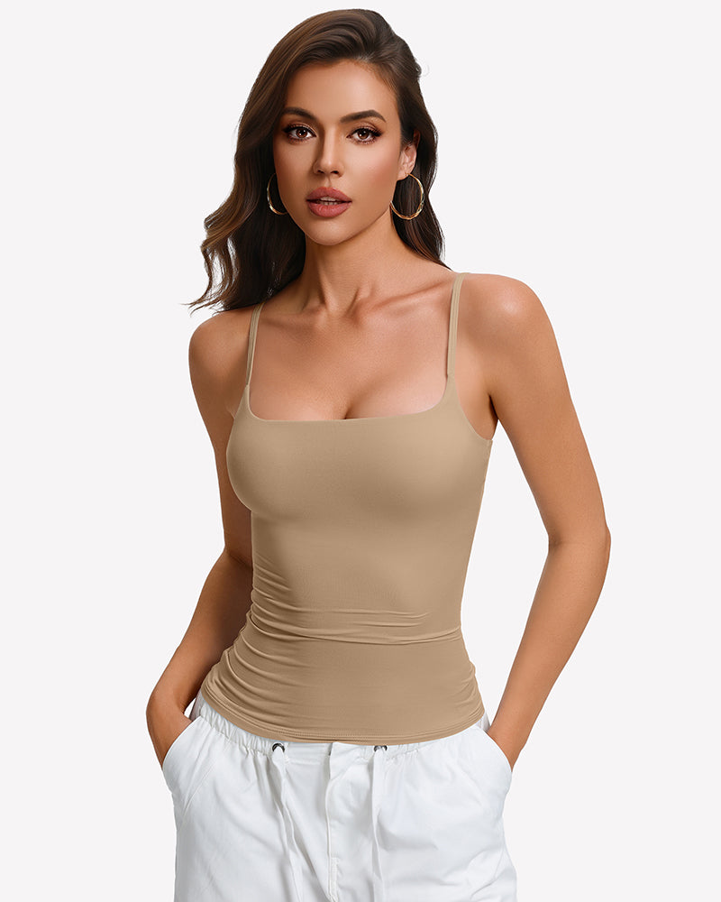 Nude padded cami tank with built-in bra and thin spaghetti straps