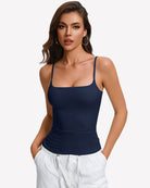 Navy blue padded cami tank top with built-in bra, square neckline and thin straps