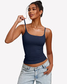 Navy blue padded cami tank top with built-in bra, square neckline and thin straps