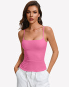 Pink padded cami tank with built-in bra and thin spaghetti straps