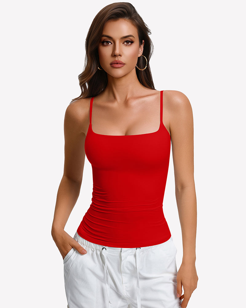 Red padded cami tank top with built-in bra, square neckline and thin straps