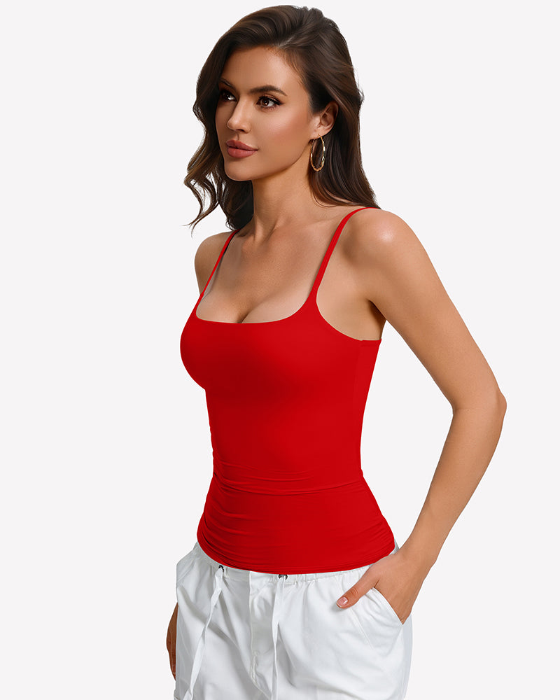 Red padded cami tank top with built-in bra, square neckline and thin straps (side view)