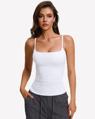 White padded cami tank top with built-in bra, square neckline and thin straps (front view)