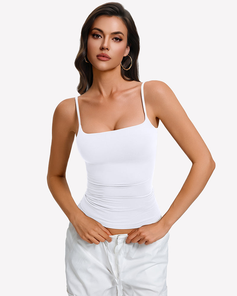 White padded cami tank top with built-in bra, square neckline and thin straps (front view)