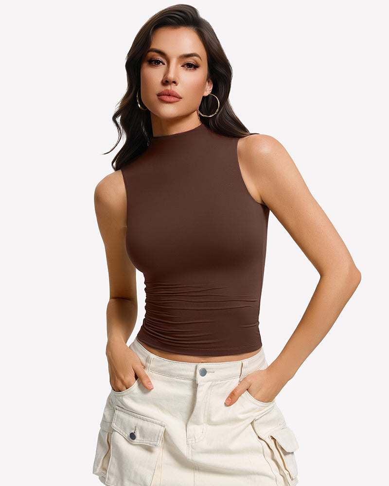 Double-lined fitted mock turtleneck tank top, brown, sleeveless front view