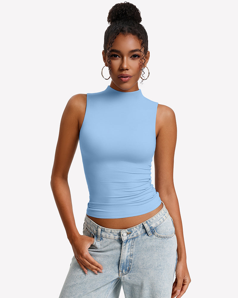 Light blue mock neck fitted tank top with sleeveless cut
