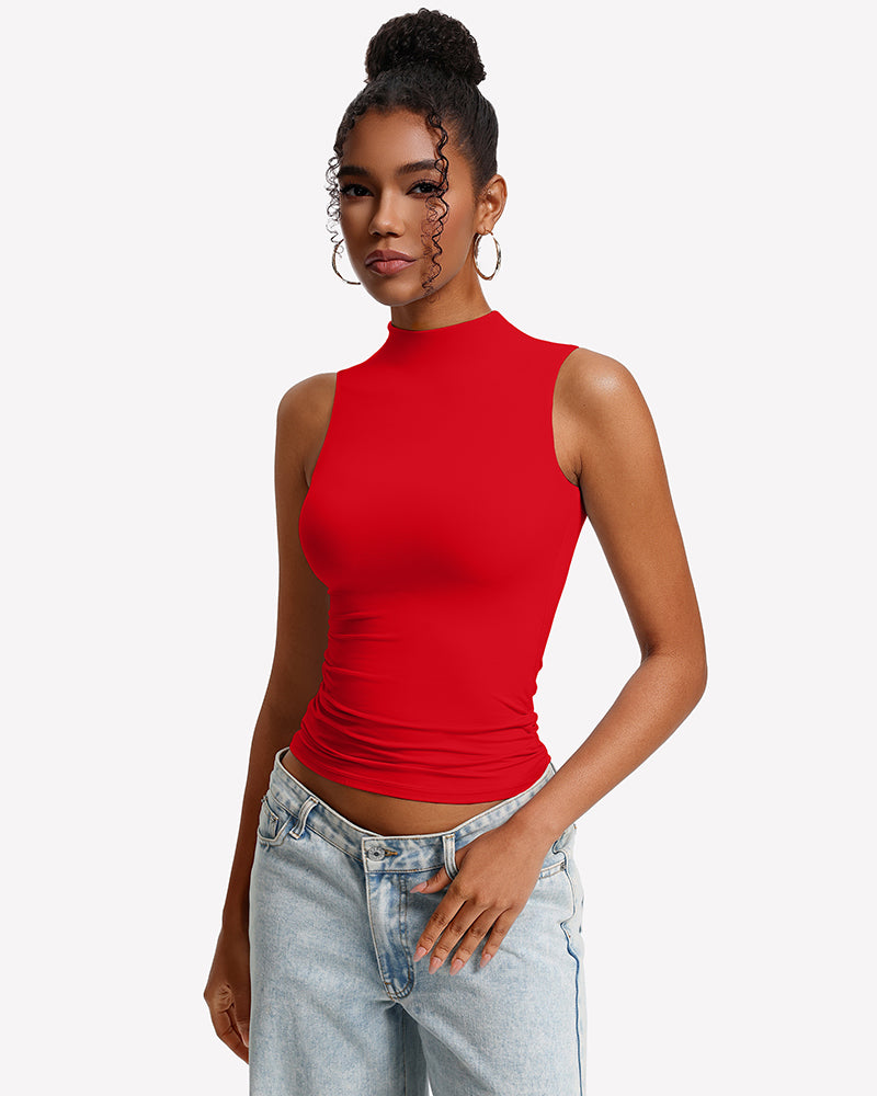 Red mock neck sleeveless fitted tank top with high-cut hem