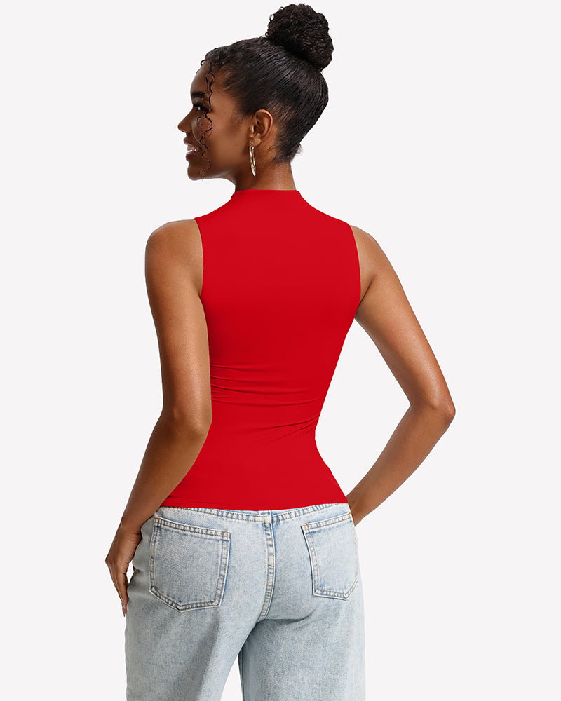 Red mock neck sleeveless fitted tank top, back view