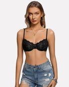 Black lace balconette bra with underwire cups, scalloped lace trim, and straps