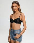 Black lace balconette bra with underwire cups and scalloped lace edging