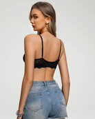 Black lace balconette bra, back view with thin straps and lace underband