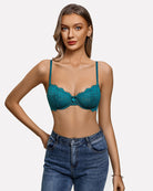 Bluish-green lace balconette bra with underwire cups and bow detail