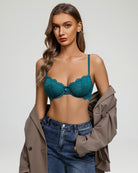 Balconette lace bra in teal with sheer mesh cups, scalloped edges, thin straps