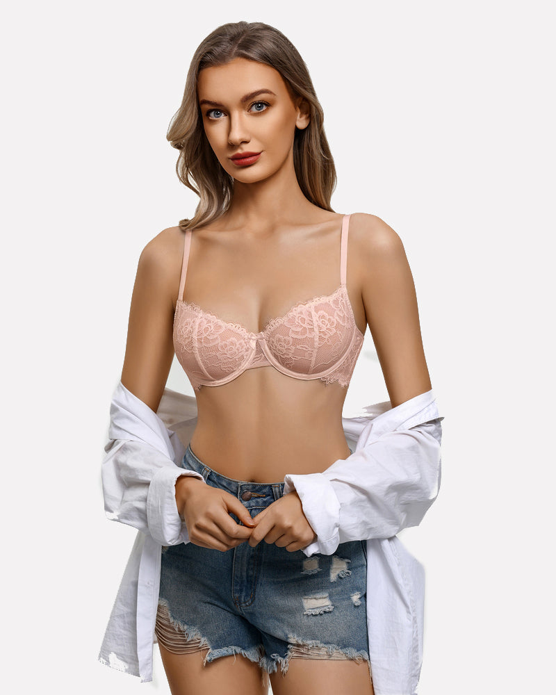 Balconette lace bra in light pink with scalloped cups and thin adjustable straps