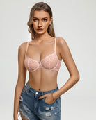 Light pink lace balconette bra with underwire cups, bow detail, and thin straps