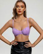 Balconette lace bra in lilac with underwire cups, scalloped trim, thin straps