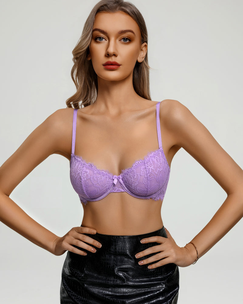 Balconette lace bra in lilac with underwire cups, scalloped trim, thin straps