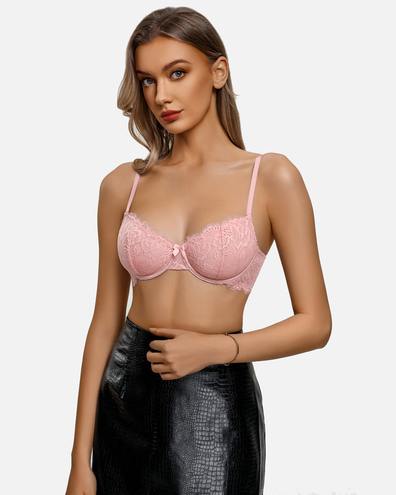 Light pink lace balconette bra with underwire cups and scalloped trim
