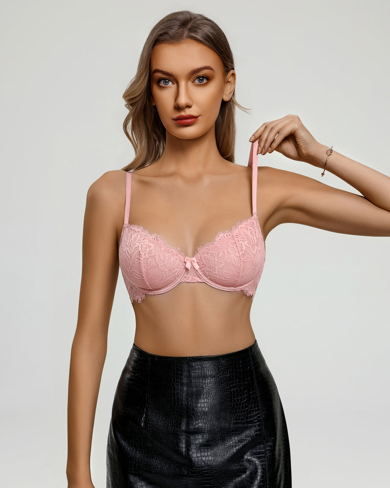 Balconette lace bra in blush pink with center bow, scalloped cups, thin straps