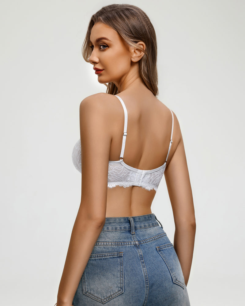 Balconette lace bra back view in white with thin straps and lace trim