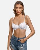 White lace balconette bra with underwire cups and scalloped lace edging