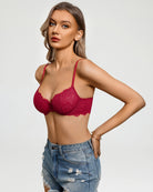 Balconette lace bra in wine red with scalloped lace cups and thin straps