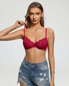 Wine red lace balconette bra with underwire cups and scalloped lace trim