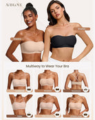 Multiway strapless bra infographic showing nude and black bra styling options