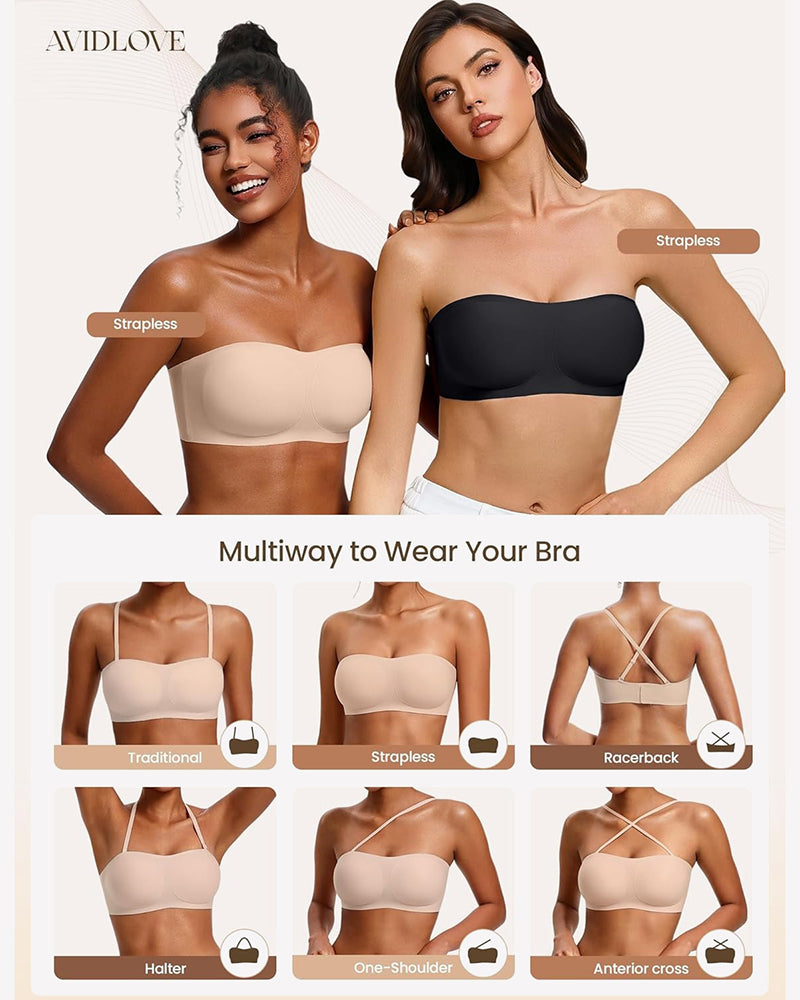 Multiway strapless bra infographic showing nude and black bra styling options