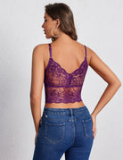Purple floral lace bralette camisole top, open back with thin straps