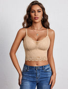 Beige floral lace V-neck bralette camisole top with scalloped lace hem